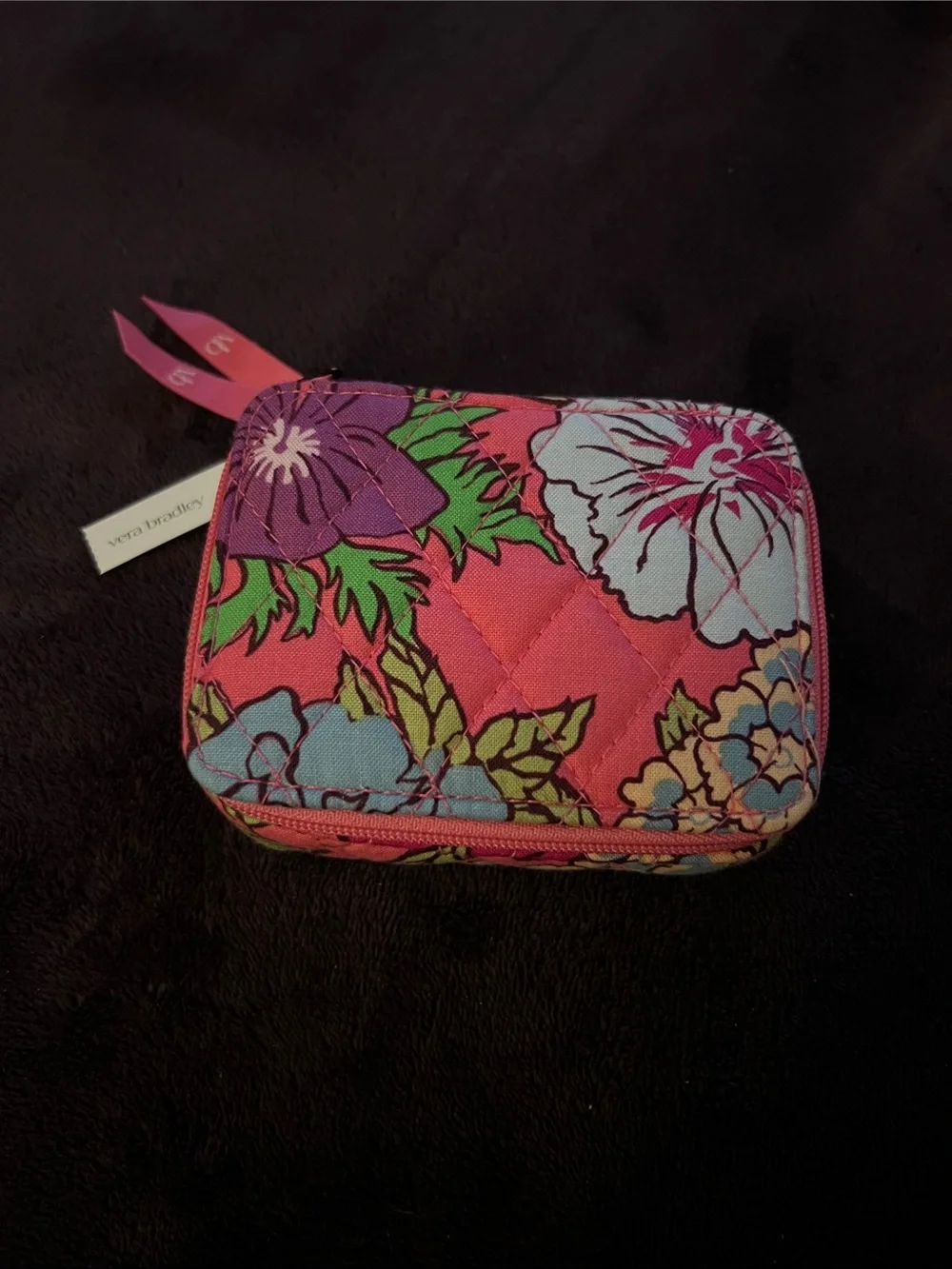 Vera Bradley Coral Pink Floral Quilted Zip Pill Case can be removed